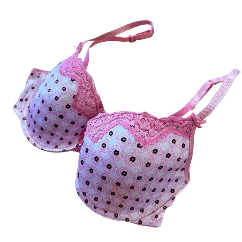 Y2K 2000s Candies Pink Floral‎ Checkered Lace Trim Bra